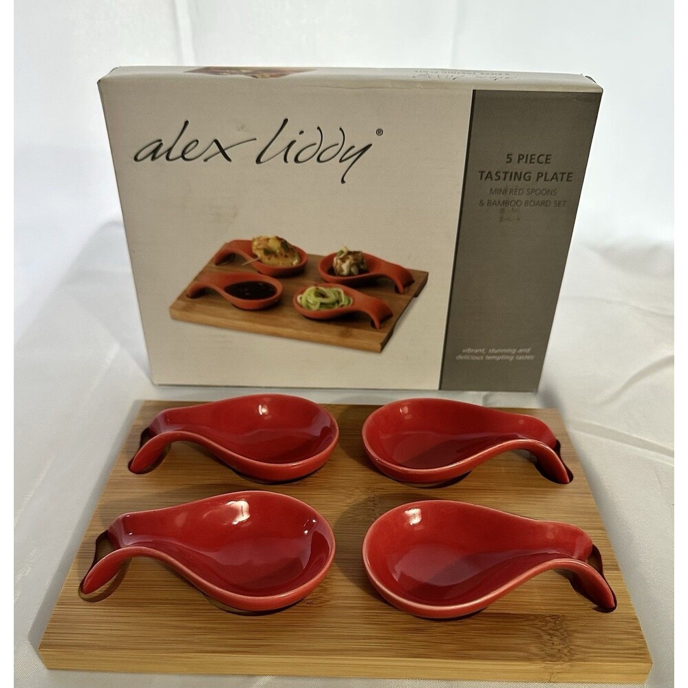 Alex Liddy 5 Piece Tasting Plate Set, Mini Red Spoons & Bamboo Board Set
